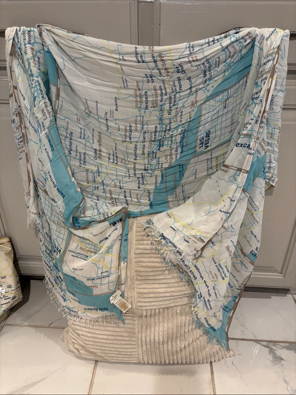 kate spade Aqua, White and Tan Map-Print Scarf